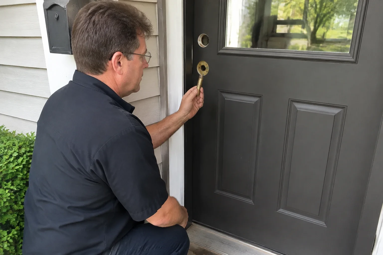 Person kneeling at a dark front door and holding a brass-colored cylindrical component beside exposed lock openings.