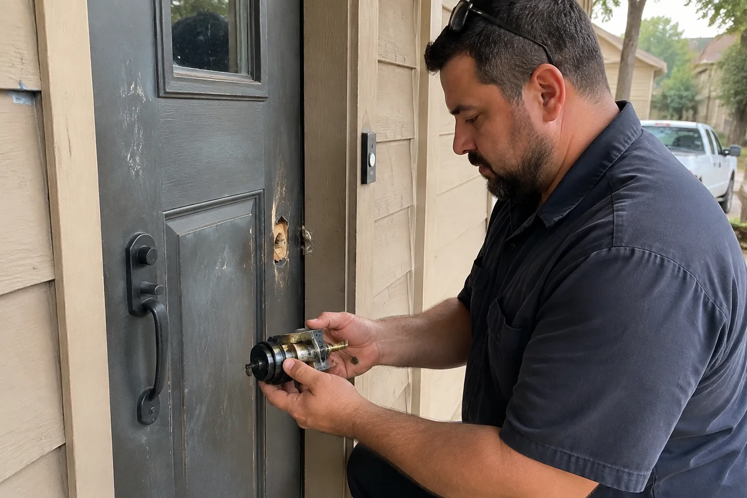 Person holding a removed lock assembly beside a worn gray front door with an exposed circular opening.