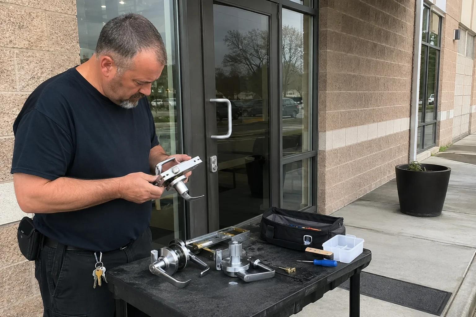 Person holding a door-handle and latch assembly at a worktable outside a glass entrance, with additional handles and tools laid out.