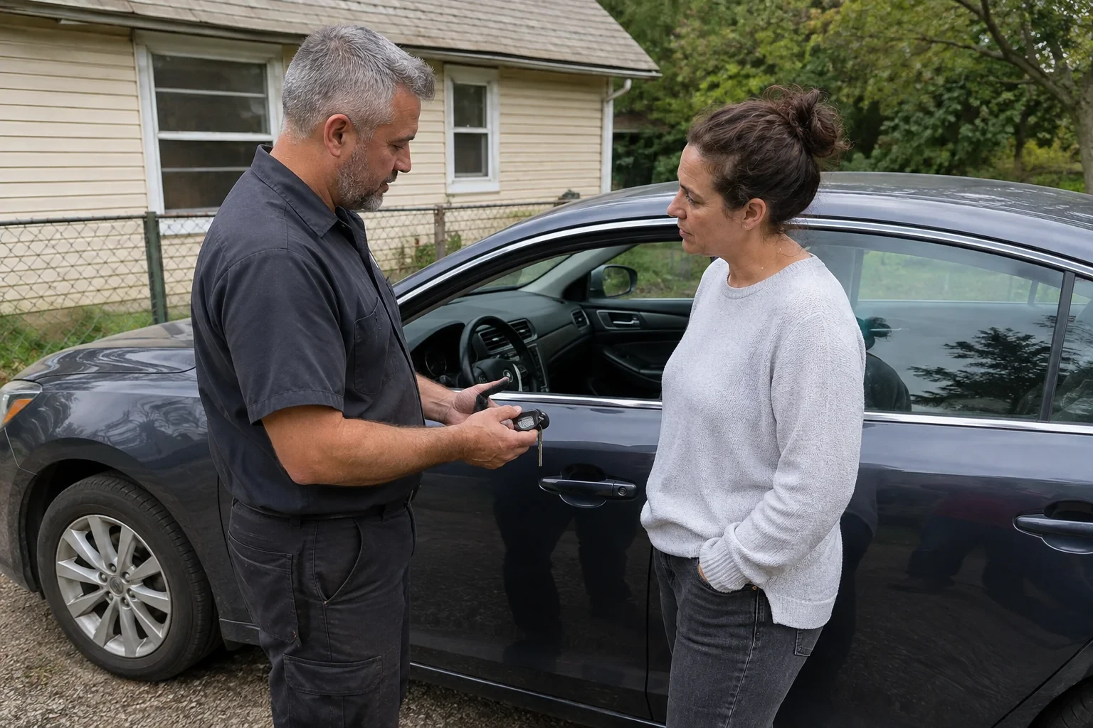 Two people standing beside a car with its window lowered, one holding a key and black key fob.