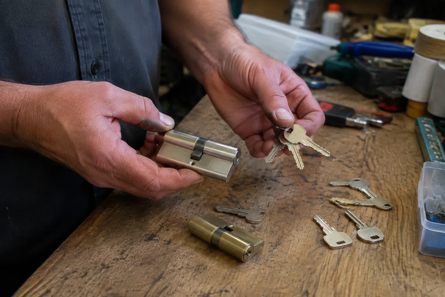 Hands holding a lock cylinder and a ring of keys above a worn workbench with another cylinder and loose keys.