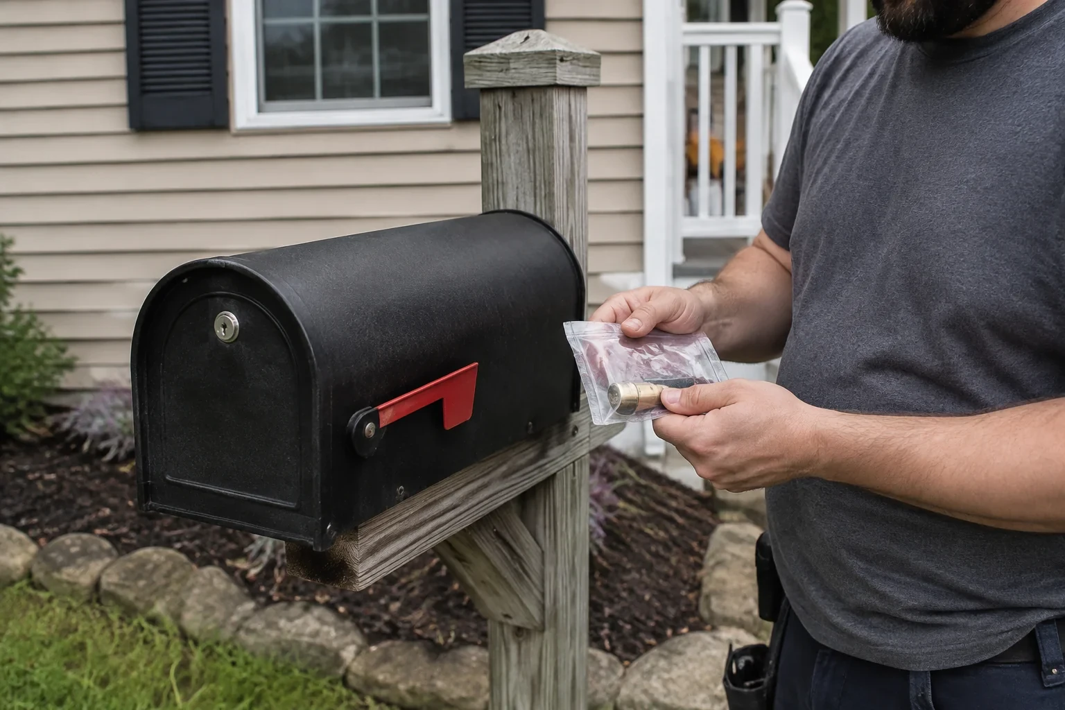 Person holding a bag containing a cylindrical lock component beside a black mailbox with a red flag.