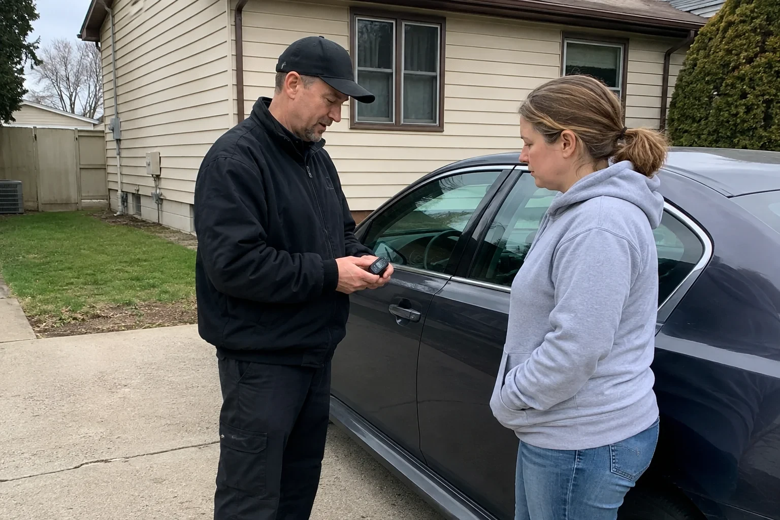 Two people standing beside a parked sedan, one wearing a cap and holding a small black device.
